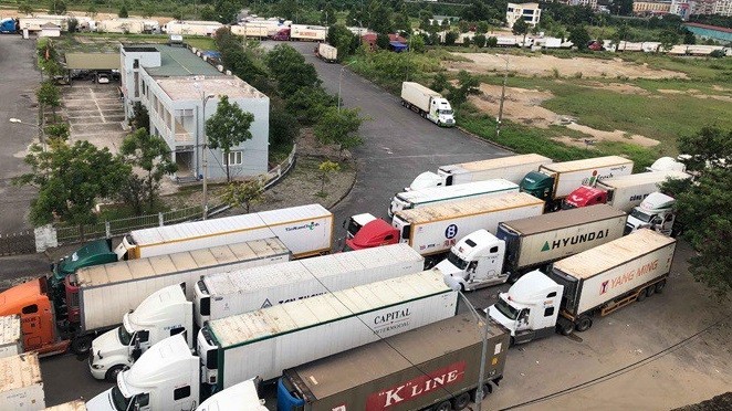 Hàng trăm xe container chở thanh long ùn ứ tại cửa khẩu khi làm thủ tục xuất hàng đi Trung Quốc hồi tháng 8 - Ảnh: TPO