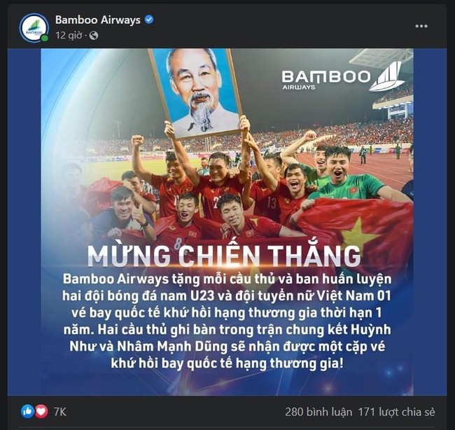Bamboo Airways “thưởng nóng” tuyển bóng đá nam U23 và tuyển nữ Việt Nam vô địch SEA Games 31 ảnh 1